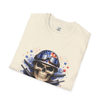 Unisex — Men's and Women's — Kick-Ass USA Skull T-Shirt — Patriotic American Flag Military Helmet Tee