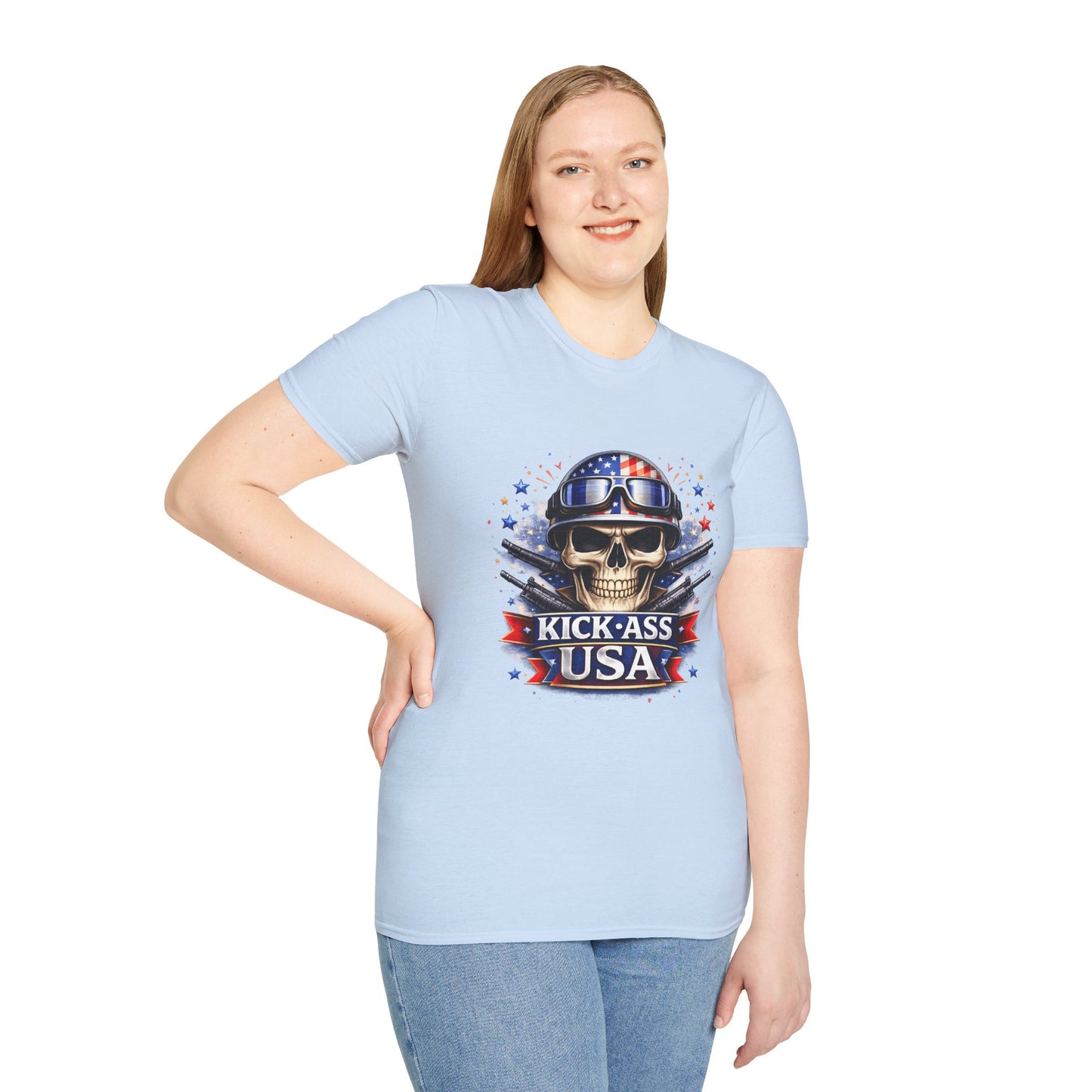 Unisex — Men's and Women's — Kick-Ass USA Skull T-Shirt — Patriotic American Flag Military Helmet Tee