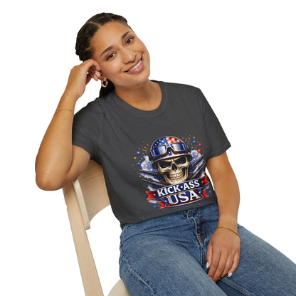 Unisex — Men's and Women's — Kick-Ass USA Skull T-Shirt — Patriotic American Flag Military Helmet Tee
