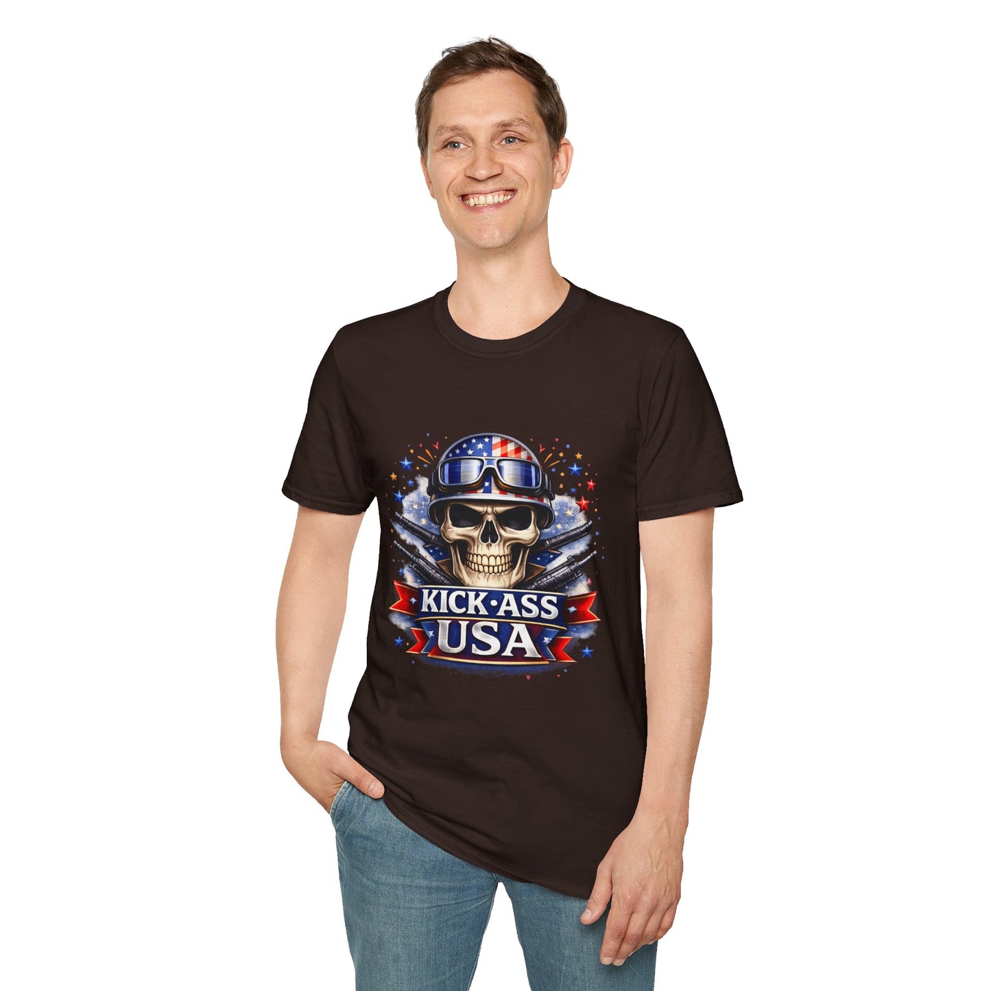 Unisex — Men's and Women's — Kick-Ass USA Skull T-Shirt — Patriotic American Flag Military Helmet Tee