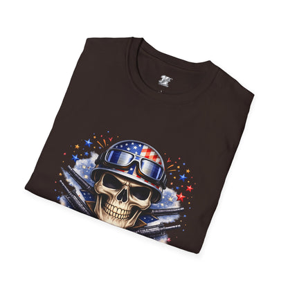 Unisex — Men's and Women's — Kick-Ass USA Skull T-Shirt — Patriotic American Flag Military Helmet Tee