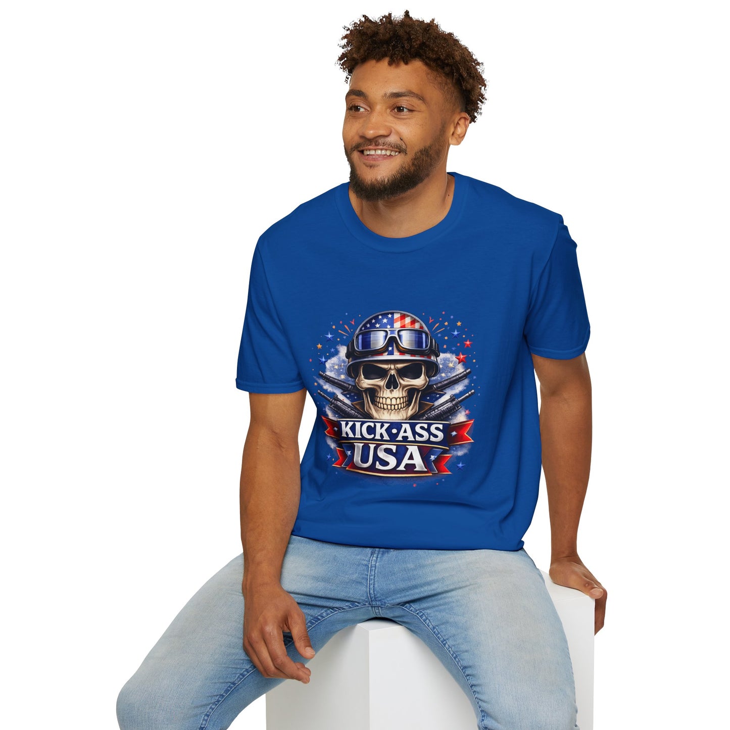 Unisex — Men's and Women's — Kick-Ass USA Skull T-Shirt — Patriotic American Flag Military Helmet Tee