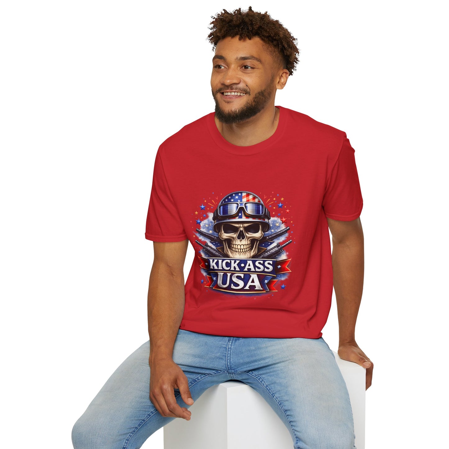 Unisex — Men's and Women's — Kick-Ass USA Skull T-Shirt — Patriotic American Flag Military Helmet Tee